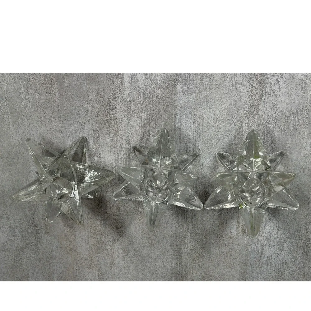 Vintage MCM 9 Point Clear Glass Starburst Candle Holders Set of 3 Celestial 70s
